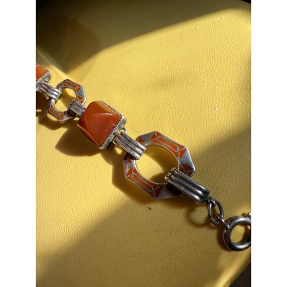 Vintage Art Deco Sterling Red Enamel Bracelet Carnelian Sard Pyramid Cabochon - Picture 9 of 11